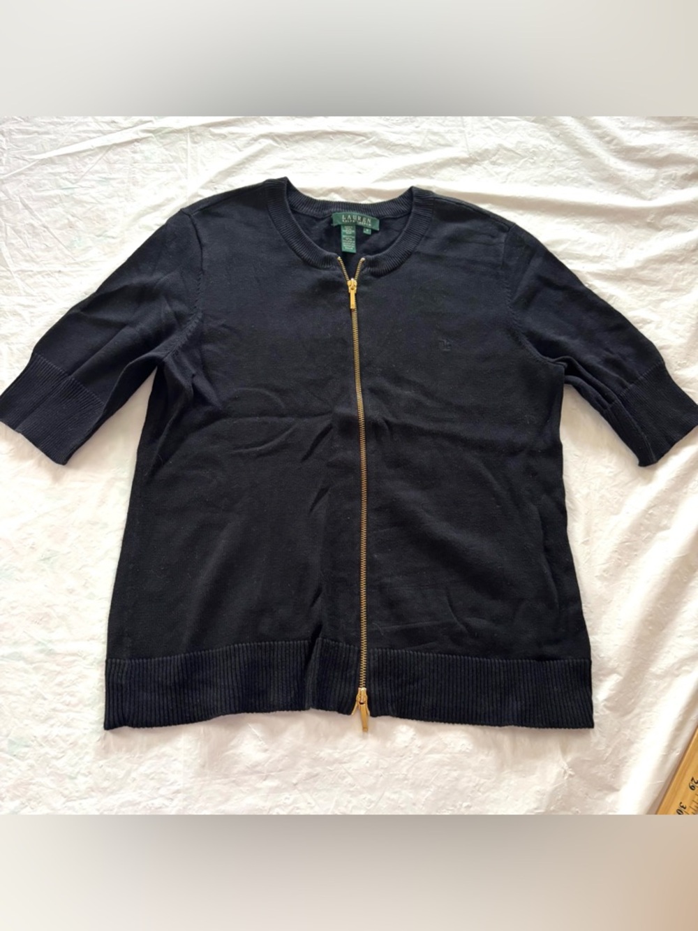 NWOT Lauren Ralph Lauren Black Gold Zip-Front Cotton Short Sleeve Cardigan SZ M - Picture 6 of 9